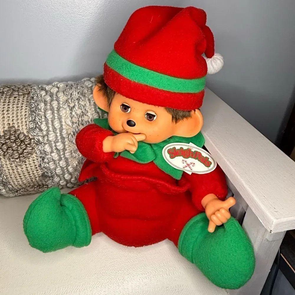 Vtg Large Monchhichi Christmas Open Close Eyes Thumb Sucking Plush Monkey  Tags